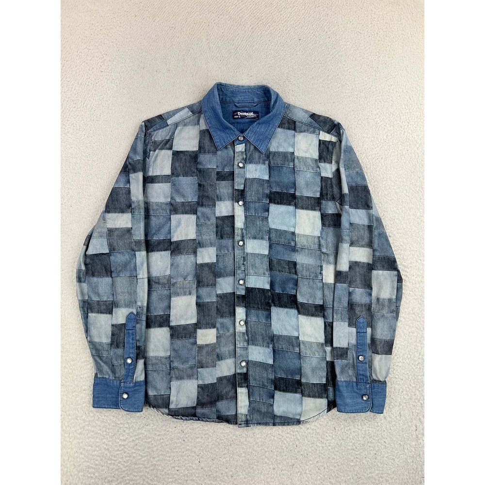 Desigual Shirt Mens Large Blue Patchwork Denim Long Sleeve Snap Button Up Logo